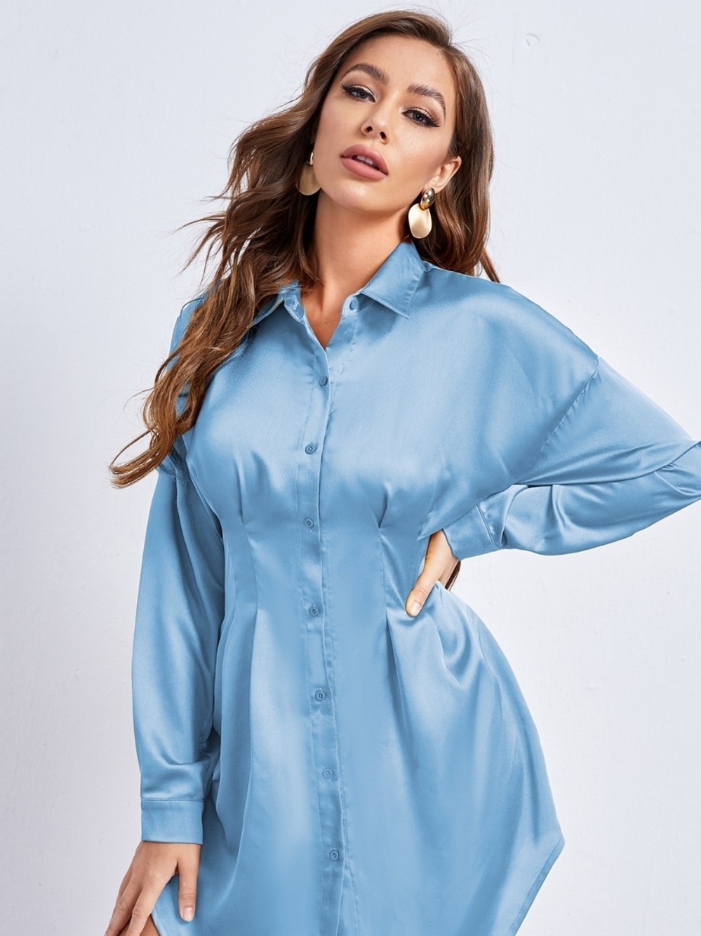 SHEIN Light Blue Satin Button-Down Dress Shirt